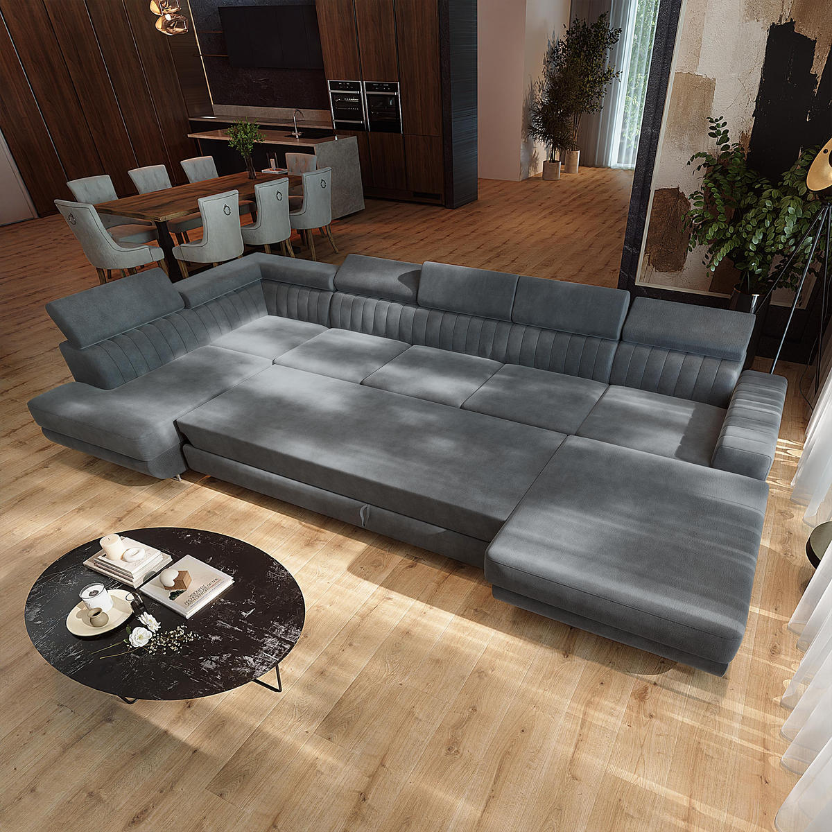 WOHNLANDSCHAFT GAIAN Grau Velours-Stoff mit Schlaffunktion - Grau, Holz (412/88/190cm) - MASSENO