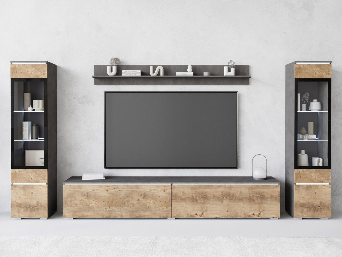 WOHNWAND Vera II mit weißer LED Beleuchtung - Braun/Grau, Holzwerkstoff (30/130/33cm) - MIRJAN24