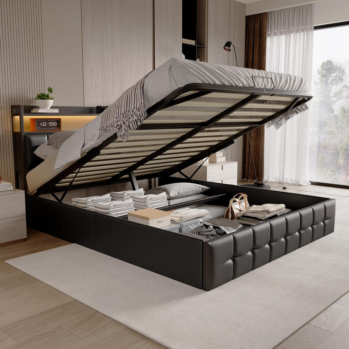 POLSTERBETT 140x190 cm Smart-Lift Elite mit Hydraulik-Stauraum, RGB-LED & Ladestation, Kunstleder, Schwarz - Grau, Textil (140/190cm) - DELFA