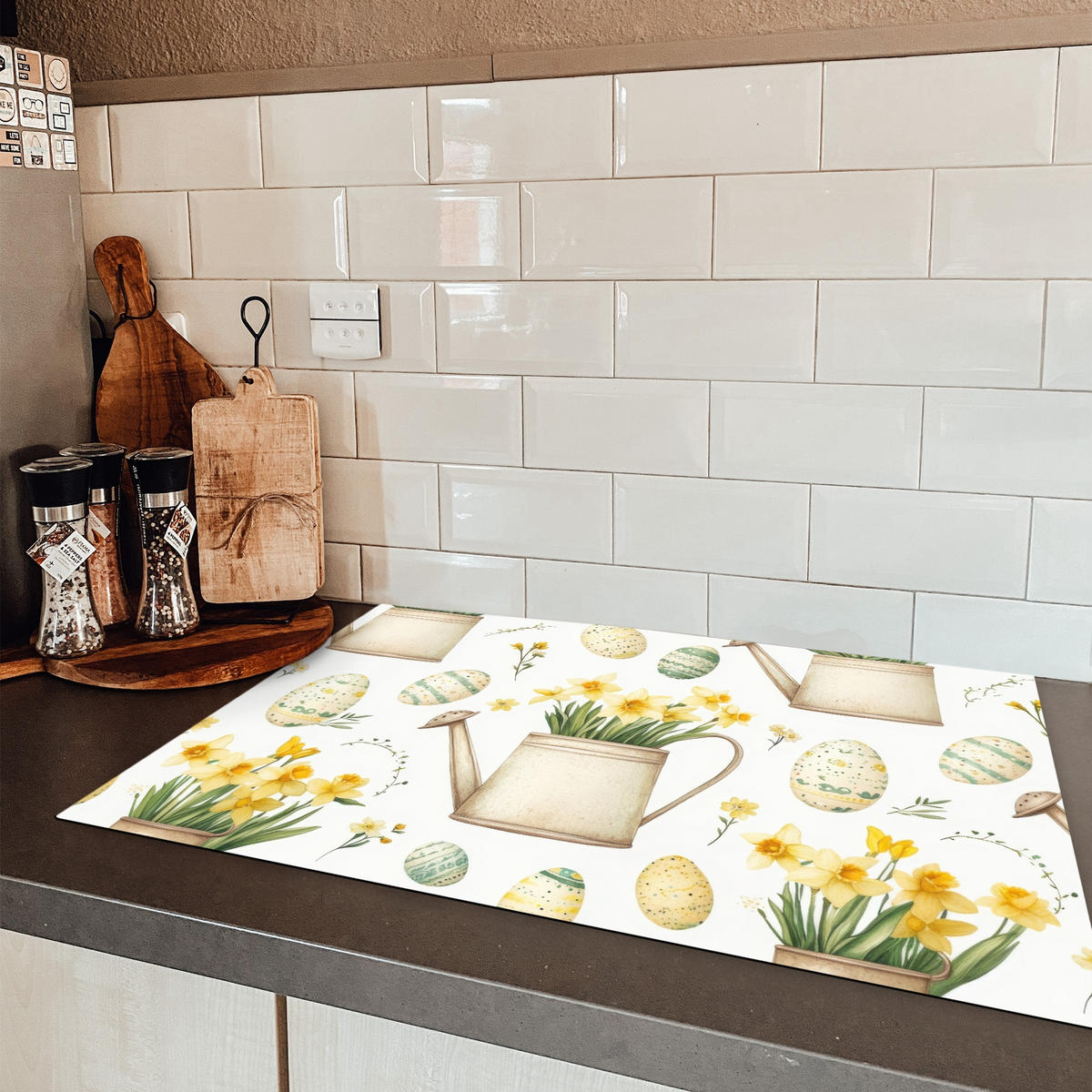 HERDABDECKPLATTE Gießkanne - Blumen - Eier Induktionsmatte 77x51 cm - Weiß, Kunststoff (77/51/0.2cm) - MuchoWow