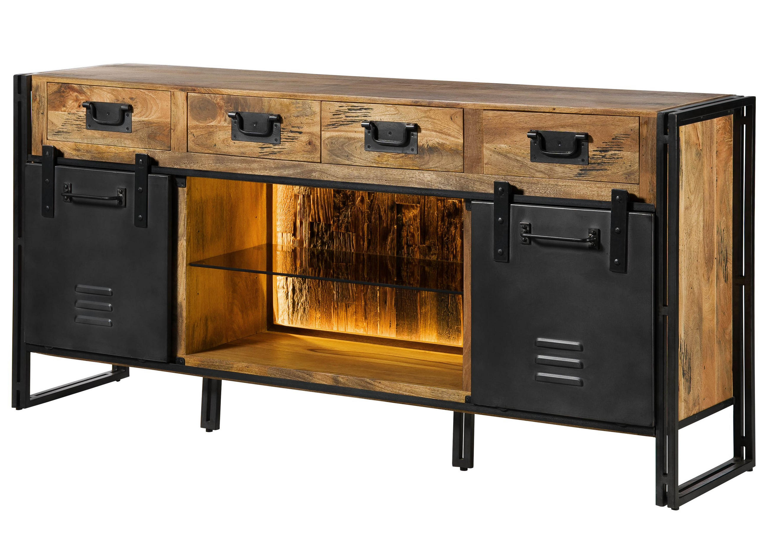 SIDEBOARD Mango / Altholz 195x45x90 natur / grau lackiert / Metall grau BLACKBURN LUX #409 - Braun, Holz (195/90/45cm) - Massivmoebel24