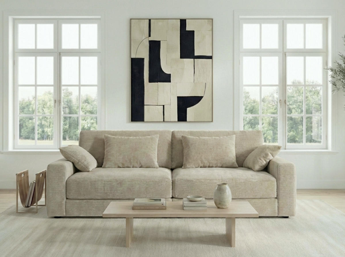 BIG-SOFA mit Federkern B290/T135/H90 cm extratief, Liegefläche 122x240 cm, Cord Beige Grau / 15251 - Greige/Beige, Kunststoff/Textil (290/90/135cm) - luma-home