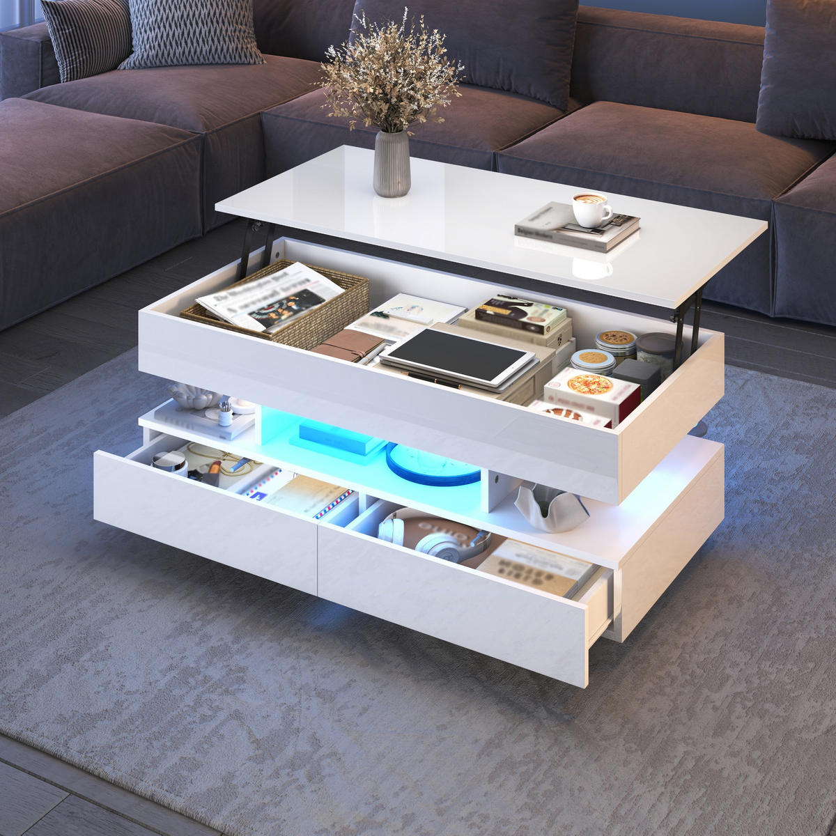 COUCHTISCH in Weiß Höhenverstellbarer Wohnzimmertisch mit LED & Stauraum, Lift-Top bis 58,5cm, 100/50/45cm - Weiß, Holzwerkstoff/Metall (50/100/45cm) - STILVORA