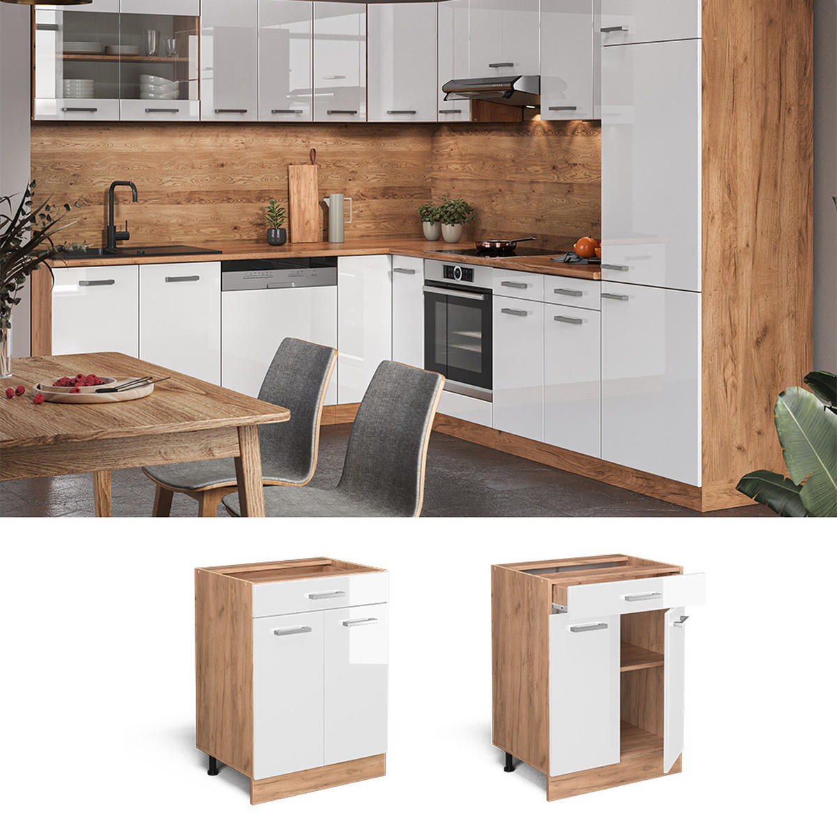 KÜCHENUNTERSCHRANK R-Line Weiß Hochglanz 60 cm mit Schublade, AP Eiche - Weiß Hochglanz/Eiche Wotan, Holzwerkstoff (60/81.6/60cm) - Vicco