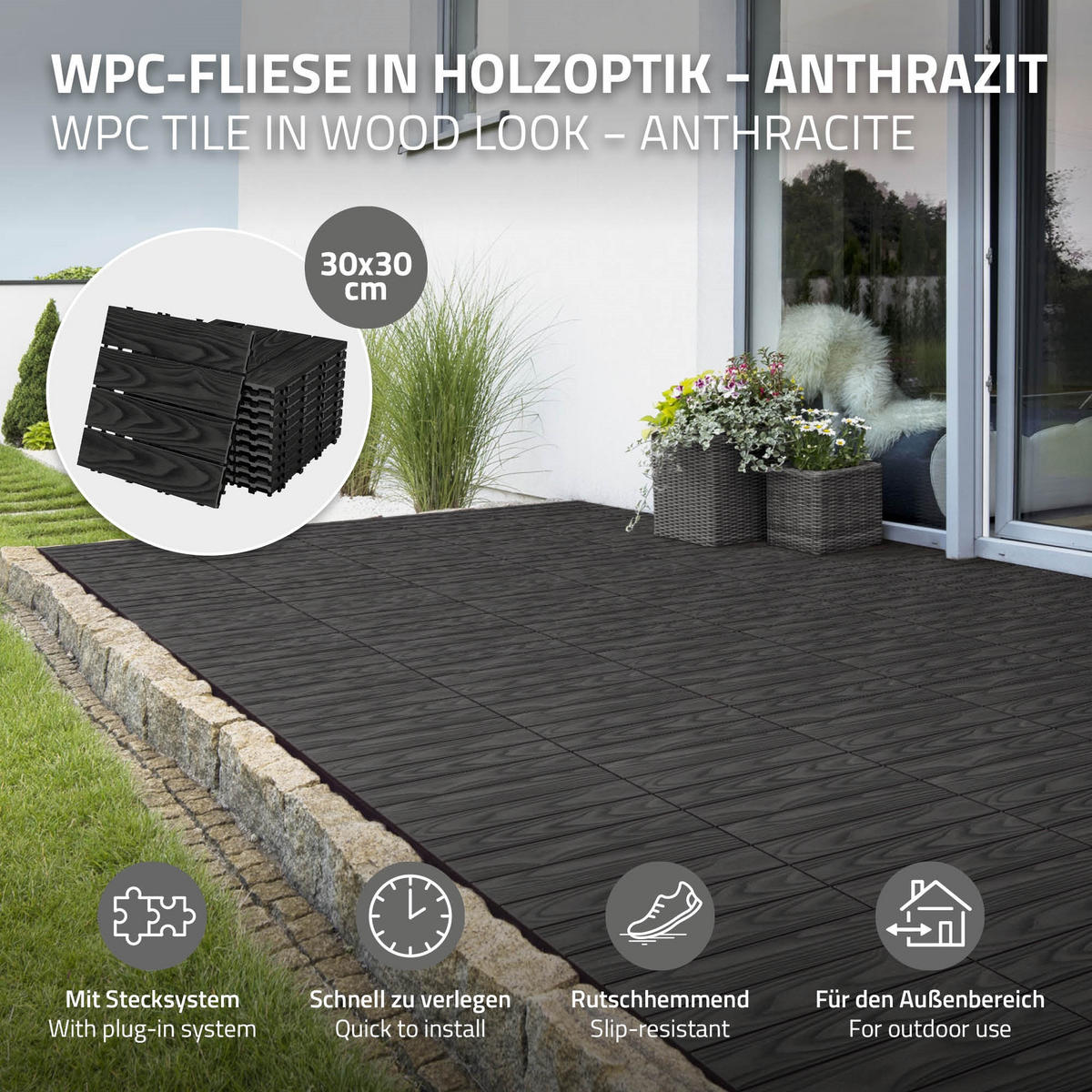 TERRASSENFLIESE Anthrazit 22 Stück - Anthrazit, Holzwerkstoff (30/30/2.1cm) - ML-DESIGN
