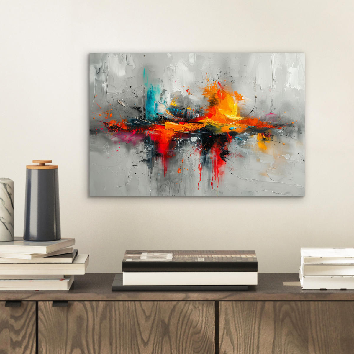 KOVOVÝ OBRAZ Moderné umenie - Oranžová - Sivá - Abstraktné 30x20 cm - svetlosivá, kov (30/20cm) - MuchoWow