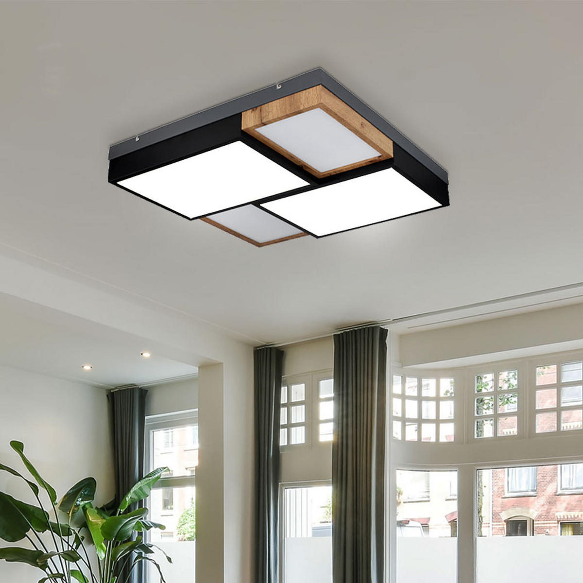 LED DECKENLEUCHTE Metall Schwarz-matt Holzoptik - Schwarz, Metall (60/60/9cm) - Globo Lighting