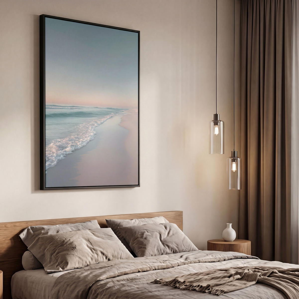 LEINWAND Bilder mit Rahmen - Küstenlinie - Pastell - Wasser - 60x90 - Pastellblau, Textil (60/90cm) - MuchoWow