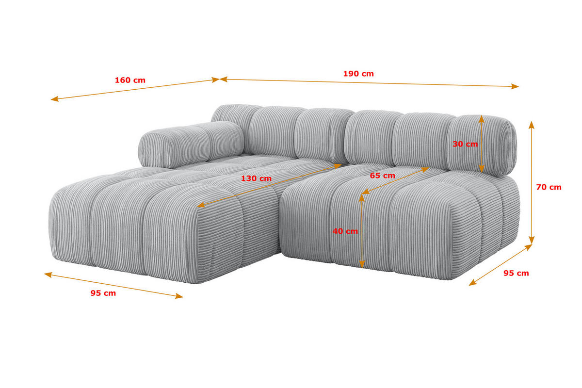 ECKSOFA modulares Sofa Razon-L1 - 190x160x70 cm Grau Cord - Grau, Holzwerkstoff/Textil (190/160cm) - ALTDECOR