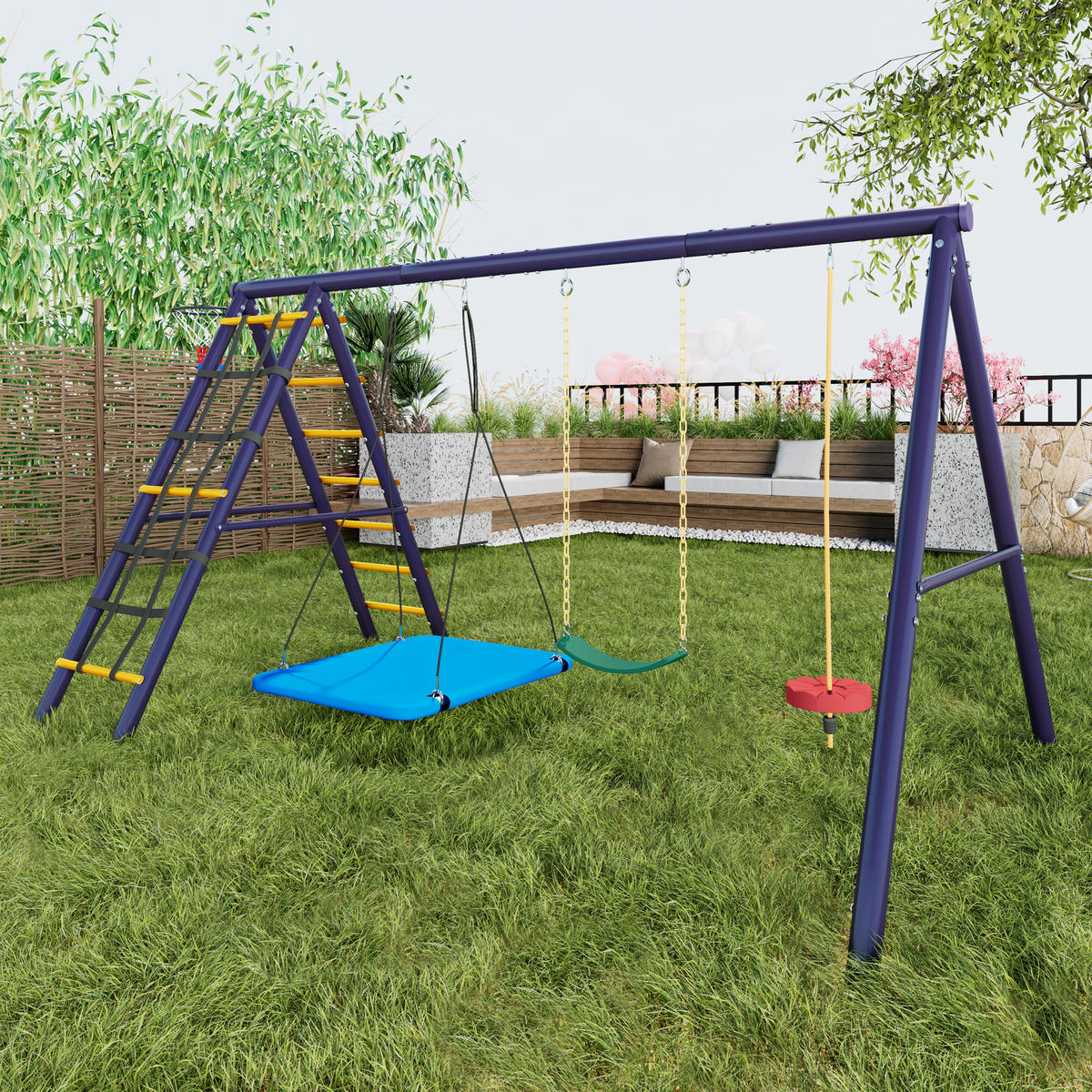 SCHAUKELSET Outdoor 3 Schaukeln - Blau, Metall (310/203/174cm)