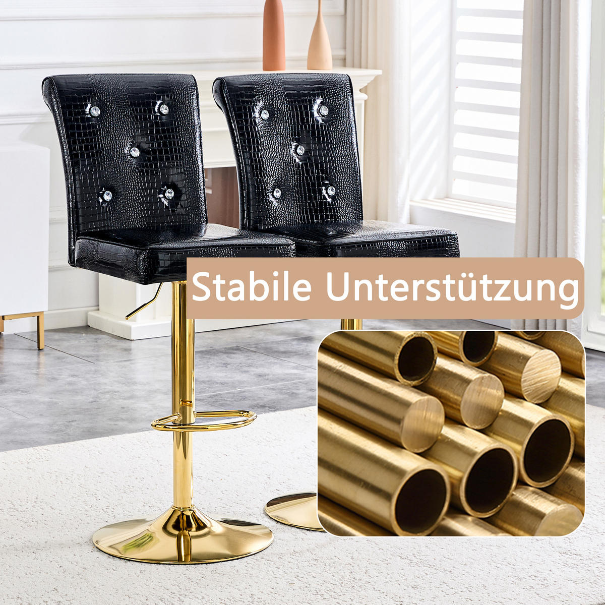 BARHOCKER 2er-Set Schwarz mit PU-Leder und Kristallverzierungen - Schwarz, Kunststoff (55/125/42cm) - PANGIVO