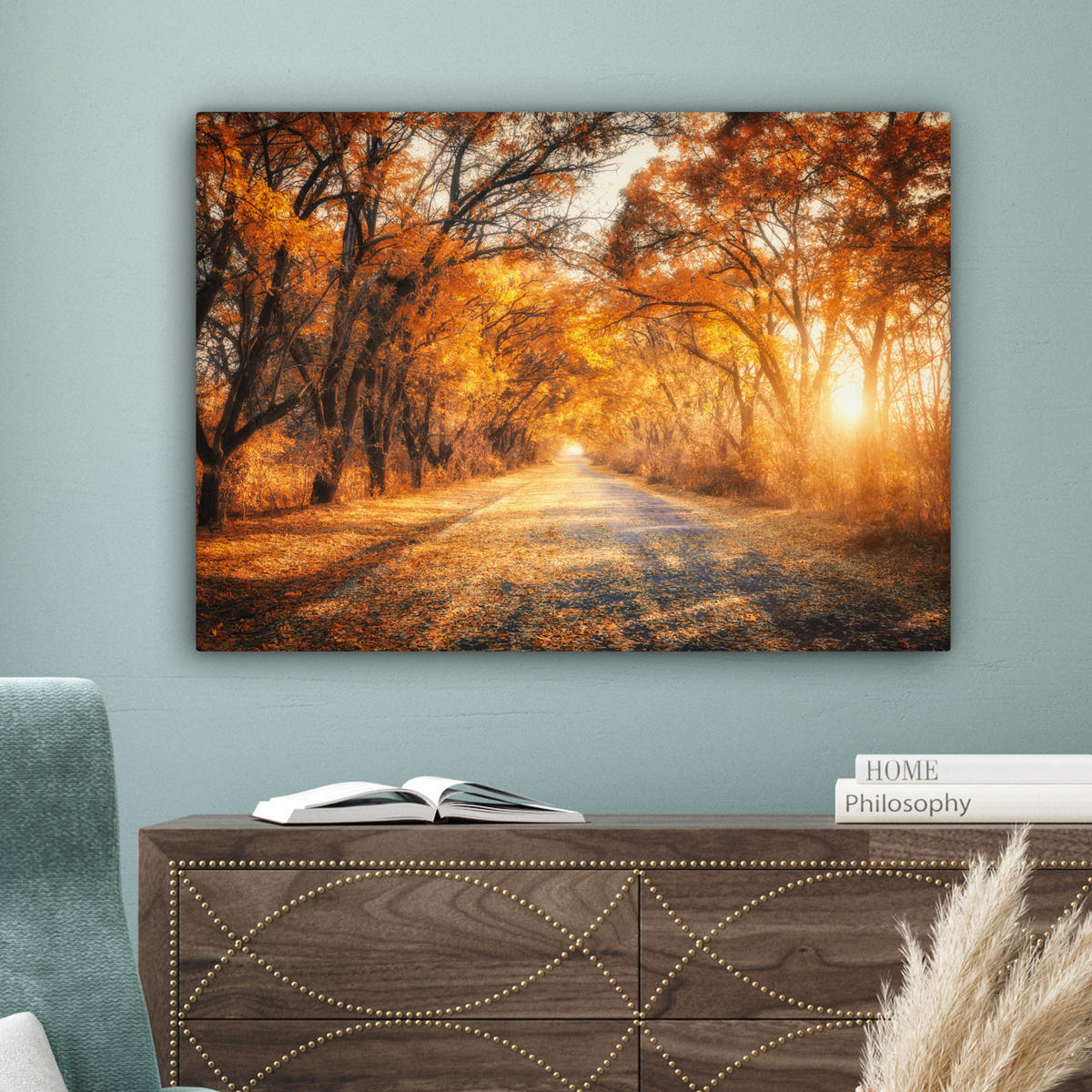 LEINWANDBILD Wald - Herbst - Bäume - Waldweg - Natur Wandbilder 80x60 cm - Bernsteinfarben, Textil (80/60cm) - MuchoWow