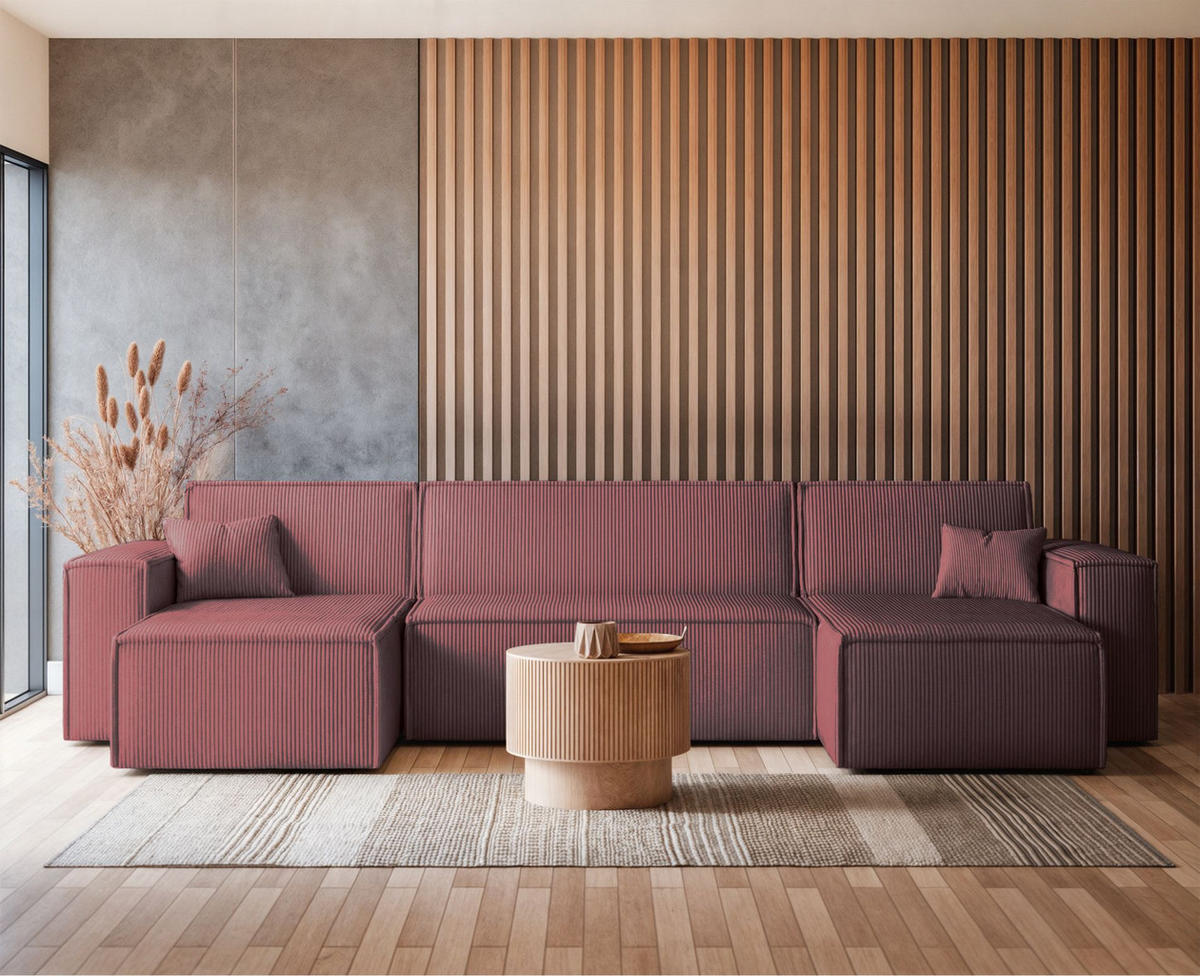 WOHNLANDSCHAFT Scarlo Dunkelrosa Cordbezug - Dunkelrosa/Schwarz, Kunststoff/Textil (244/83/145cm) - Selsey