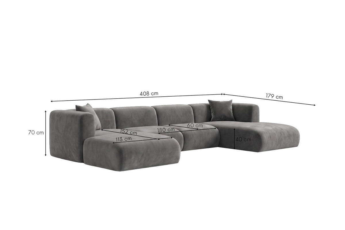 ECKSOFA U-Form, Velvet-Stoff Bluvel, Aschgrau, GRETA - Grau, Holz (408/70/179cm) - Kaiser Möbel