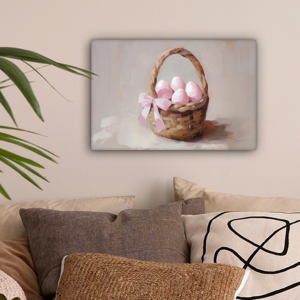 LEINWANDBILD Korb - Eier - Rosa Deko Schlafzimmer 30x20 cm - Beige, Textil (30/20cm) - MuchoWow