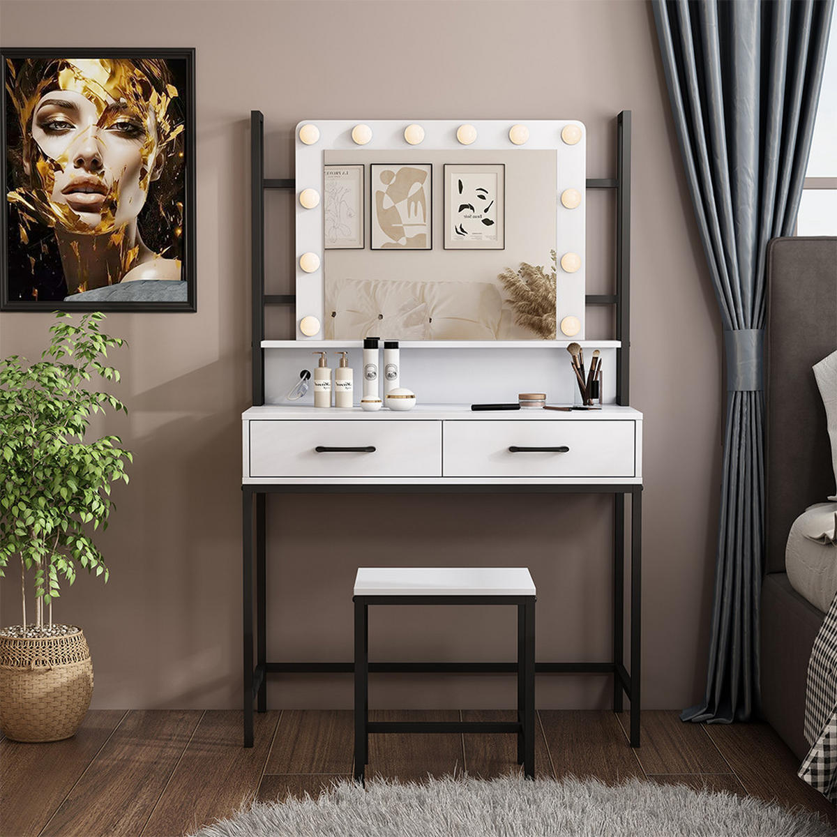 SCHMINKTISCH Luvia Weiß 90 cm mit LED-Beleuchtung und Hocker - Schwarz/Weiß, Holzwerkstoff (90/146/40cm) - Vicco