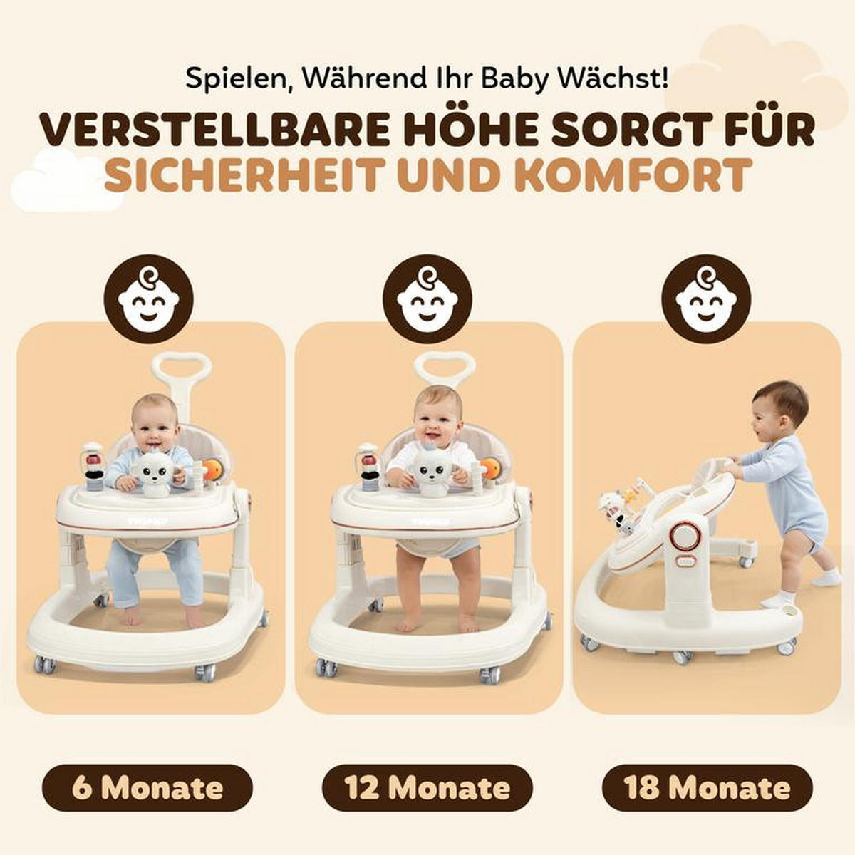 LAUFLERNHILFE GO 3 in 1 Creme - Lauflernwagen mit Spielset und Zubehör - Beige, Kunststoff (70/70cm) - Twinky