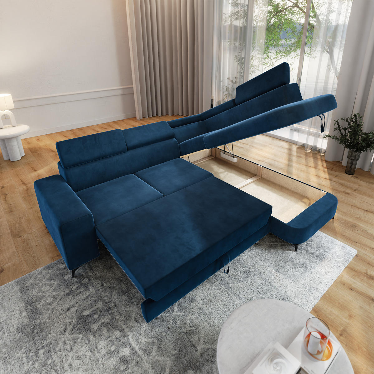 ECKSOFA ALVORO R-S Blau Velours-Stoff mit Schlaffunktion - Blau, Holz (253/190cm) - MASSENO