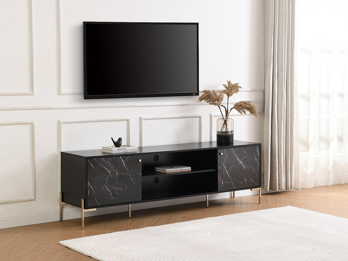 TV-MÖBEL mit 2 Türen & 2 Ablagefächern - MDF & Metall - Marmor-Optik Schwarz & Goldfarben - CIEMILA - Schwarz, Holz (180/55/40cm) - Vente-Unique