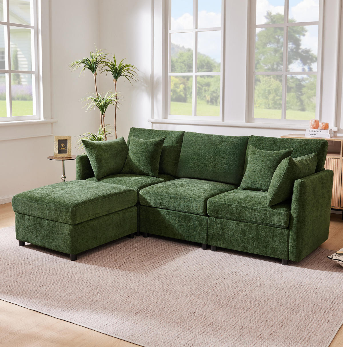 ECKSOFA 216/161/81 cm grün aus Chenille modular mit Hocker - Grün, Textil (161/216cm) - OKWISH