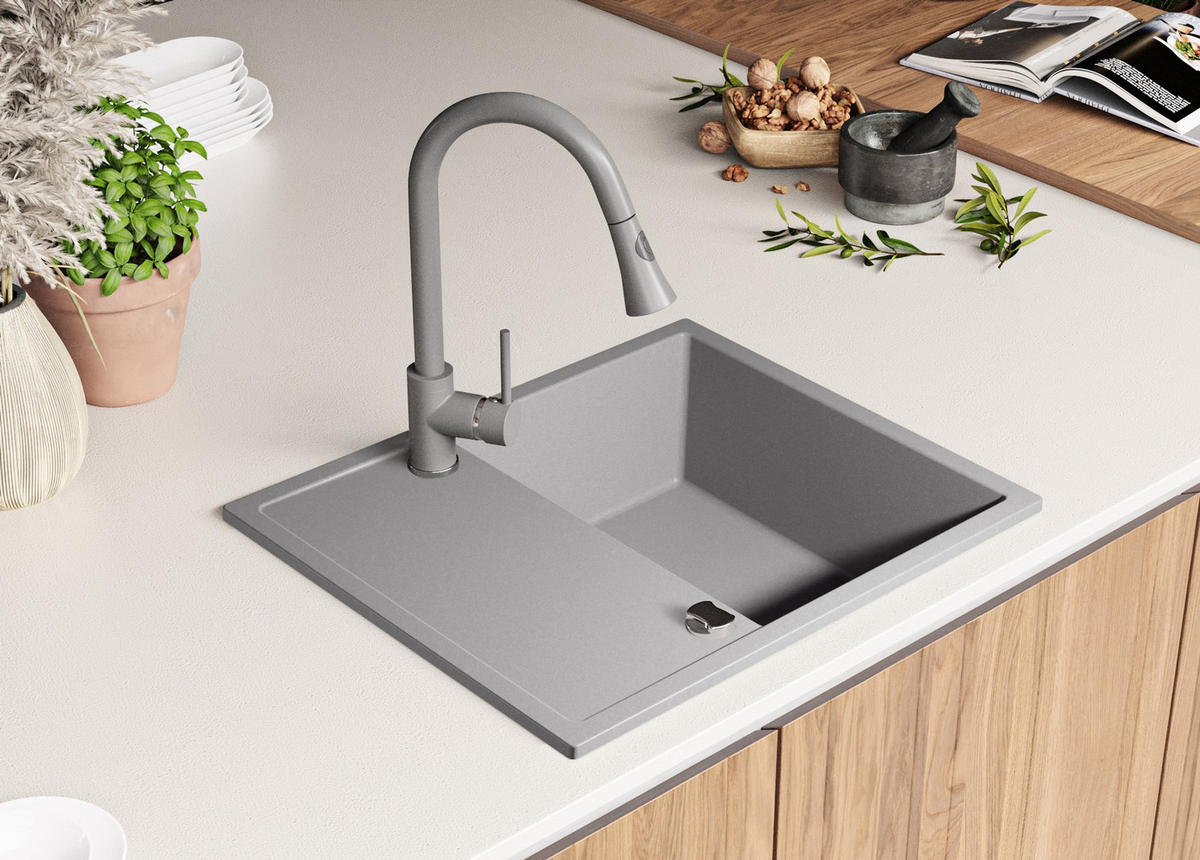 SPÜLBECKEN Ibiza, 2-er set Grau 62/50 cm 1 Becken + Ablauf-Set ab 45er Unterschrank - Chromfarben/Grau, Kunststoff (62/19/50cm) - Primagran