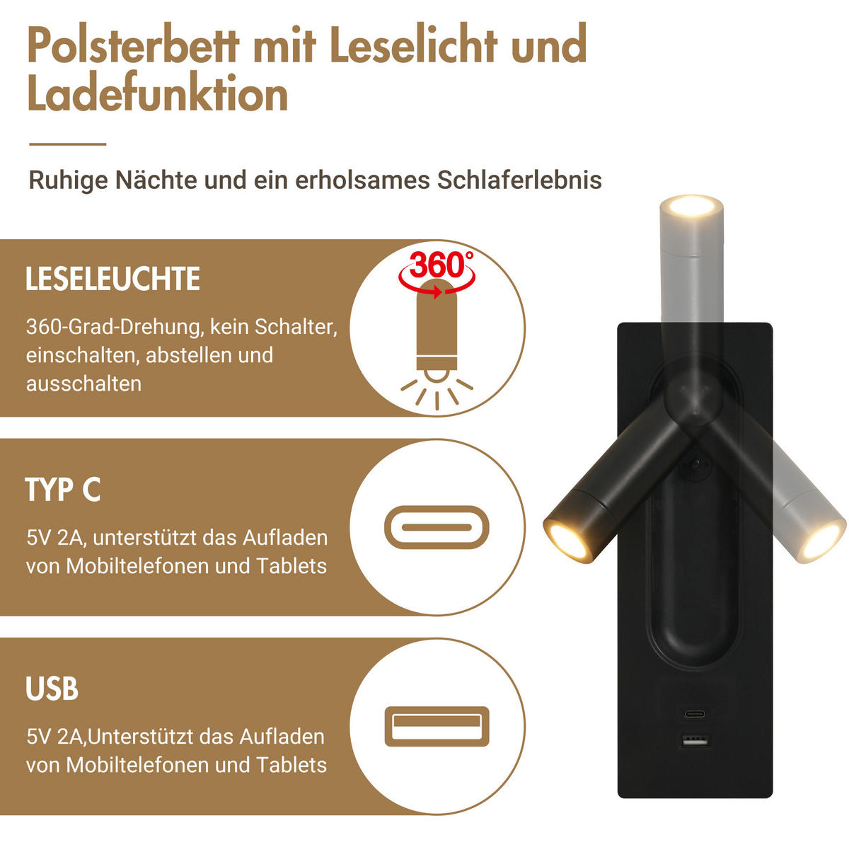 POLNJENA postelja iz žameta 180x200 cm bež z 2 nočnima omaricama, 4 predali, bralnimi lučmi in USB/Type C - bež, tekstil (180/200cm) - Modfu