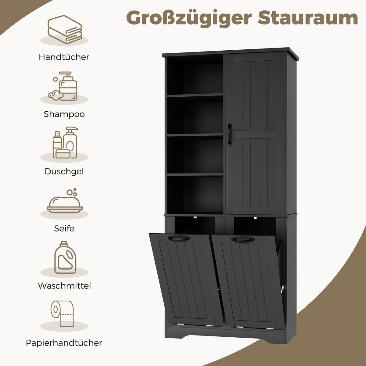 HOCHSCHRANK 78/35/172.7 cm Schwarz mit doppelter Wäschekorb und 4 offene Fächer - Schwarz, Holz/Holzwerkstoff (35/172.7/78cm) - Oxeza