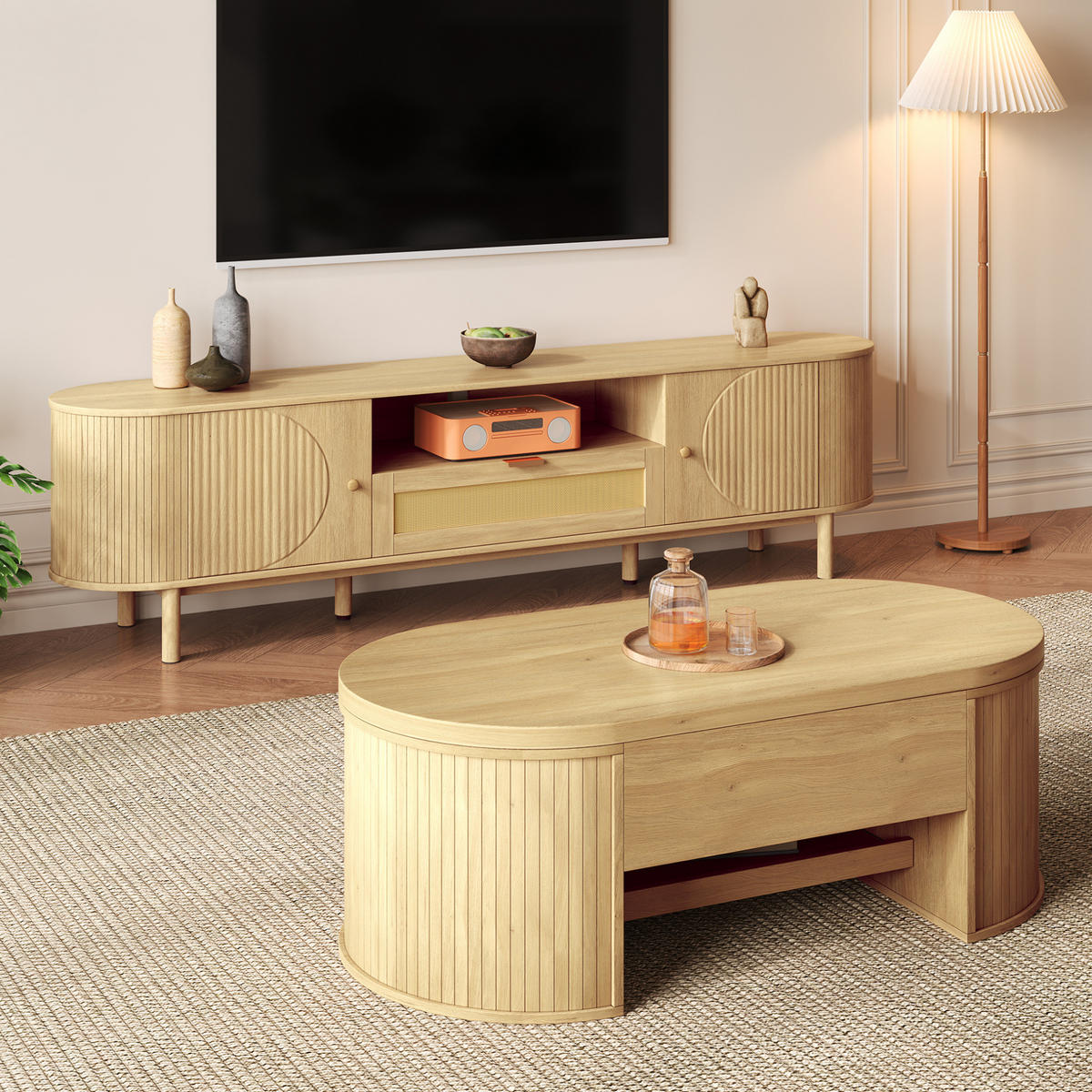 WOHNZIMMERMÖBEL-SET mit höhenverstellbarem Couchtisch und TV-Schrank Natural 2-tlg. - Braun, Holzwerkstoff (36/51/175.1cm) - Beauniv