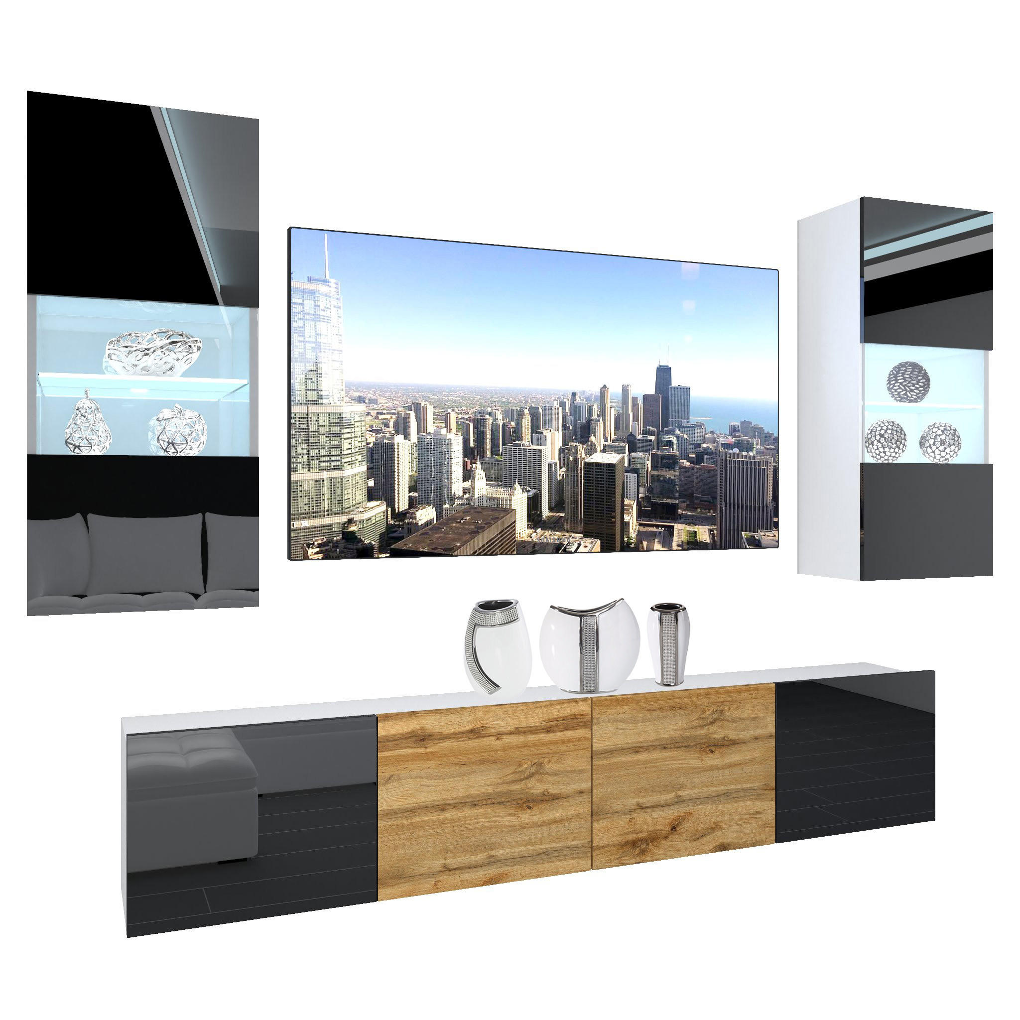 WOHNZIMMERWAND Schrankwand mit LED Schwarz / Wotan Eiche - Schwarz/Braun, Holz (200/180/36cm) - B BELINI GROUP
