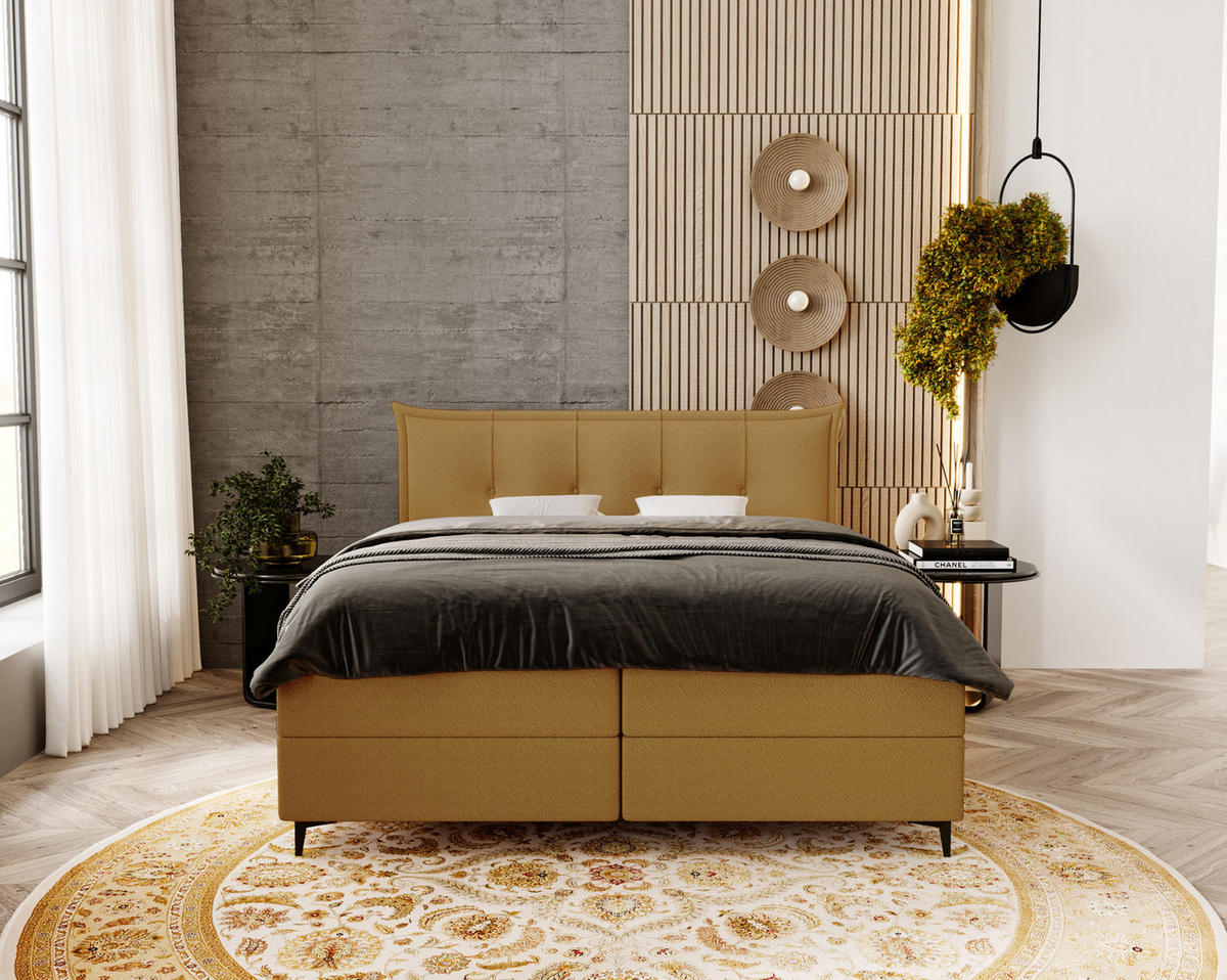 BOXSPRINGBETT Boucle 180x200 Liron mit Kissen-Kopfteil und Matratze, Orange - Beige, Holz/Textil (180/200cm) - Emporius