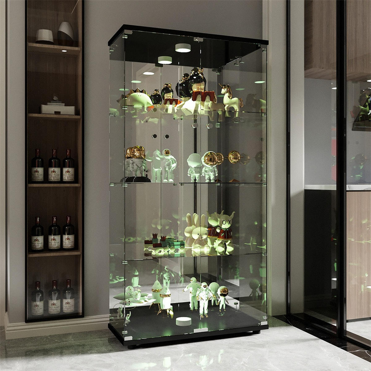 VITRINE - Glasvitrine mit 2 Türen und 4 Ebenen - mehrfarbige Beleuchtung - Schwarze Decken- und Bodenplatte - Schwarz, Glas (80.5/164/36.3cm) - DELFA