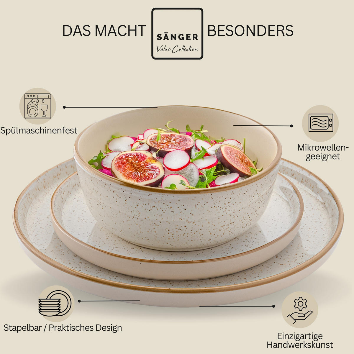 TAFELSERVICE RIO CREME - 18 teilig aus Steingut - Creme, Stein (17/25/25cm) - Sänger