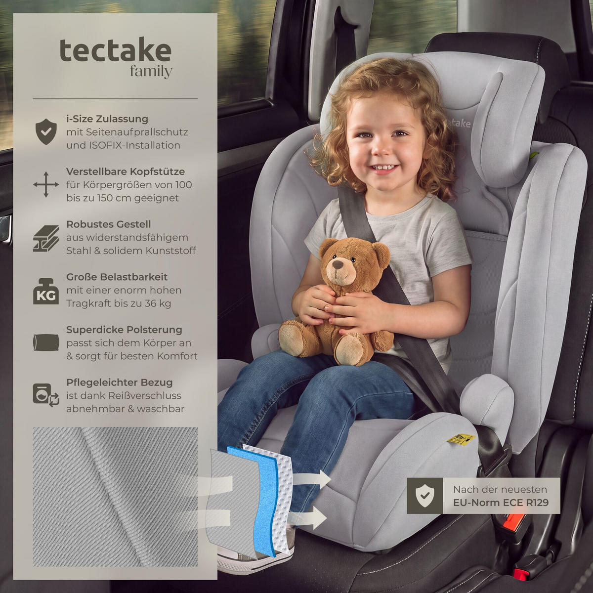 AUTOSITZ Levi, von 100 bis 150 cm, Belastbarkeit 36 kg, hellgrau - Hellgrau, Kunststoff (48/81/45cm) - tectake