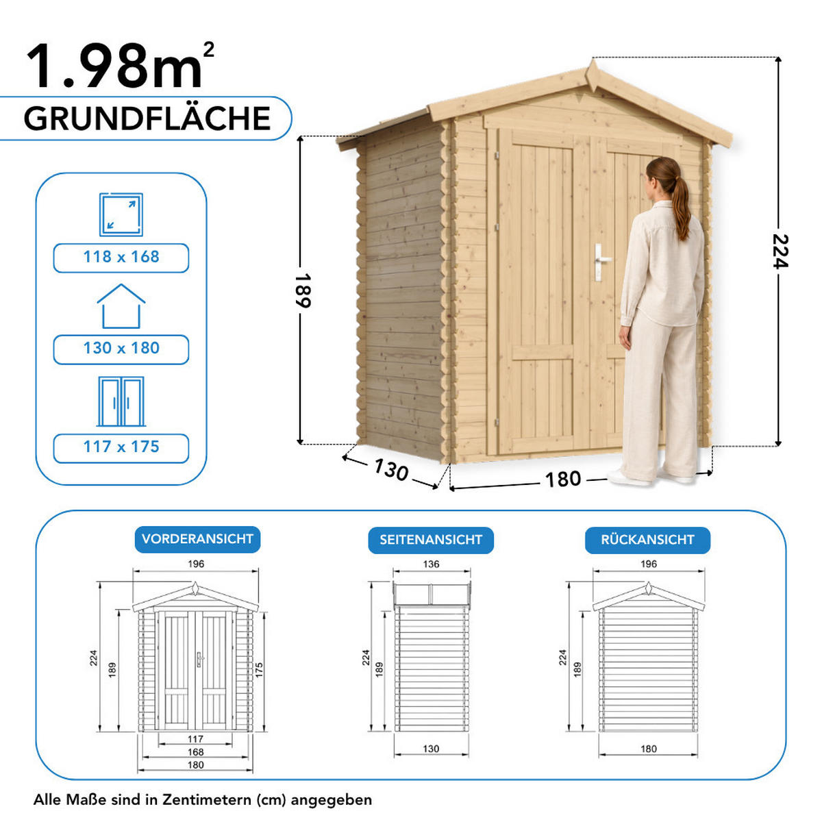 GARTENHAUS HOLZ M367F1+M367G 1,98 m² - Naturfarben, Holz (196/224/136cm) - Timbela
