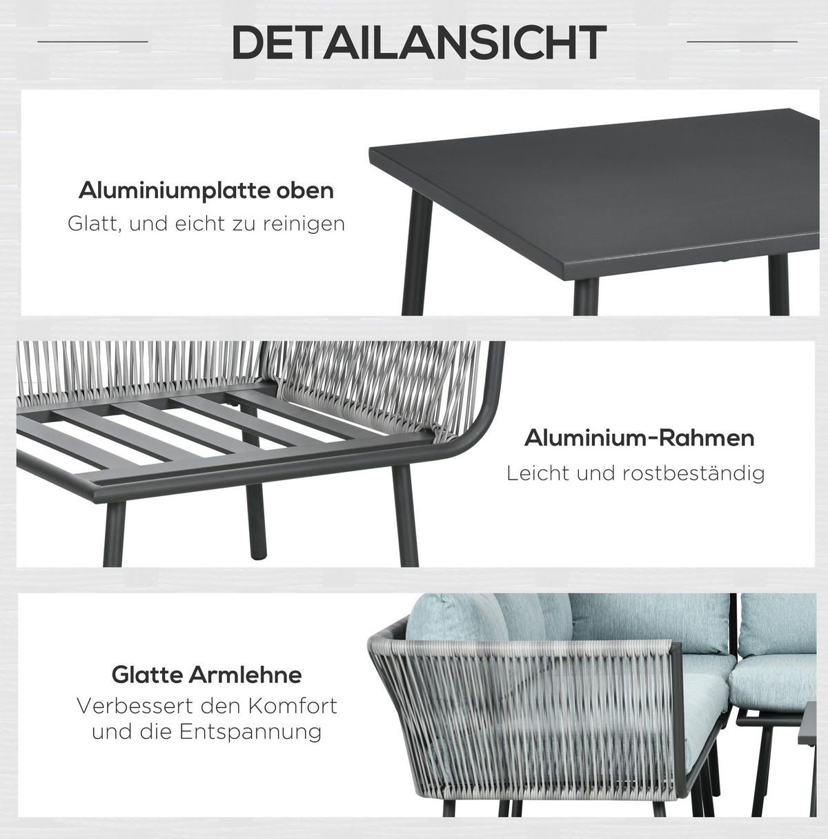 GARTENMÖBEL-SET 120/71/65 cm mit Couchtisch und Kissen, Aluminium und Kunstrattan, Grau - Grau, Metall - Redom