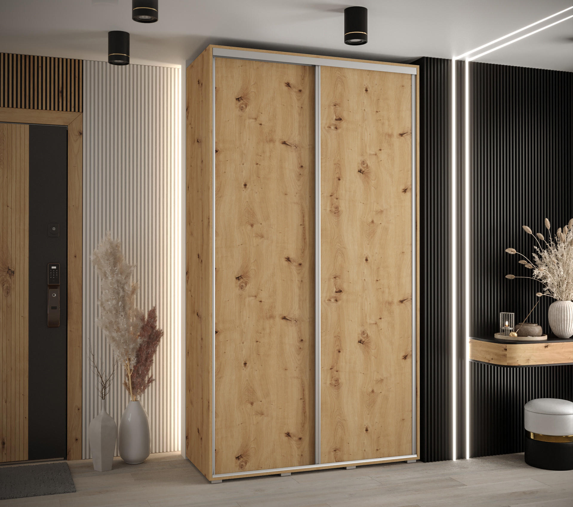 SCHWEBETÜRENSCHRANK 235,2/130/60 2-türig - Silberfarben/Eiche Artisan, Holz/Metall (130/235/60cm) - Abiks Möbel