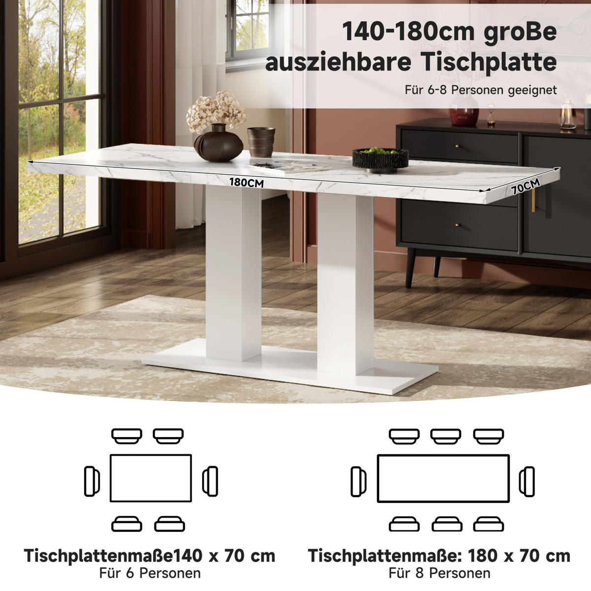 STÔL 140/180/70 cm, MDF, biely, rozkladací - biela, kompozitné drevo (180/70/75cm) - BEAOK