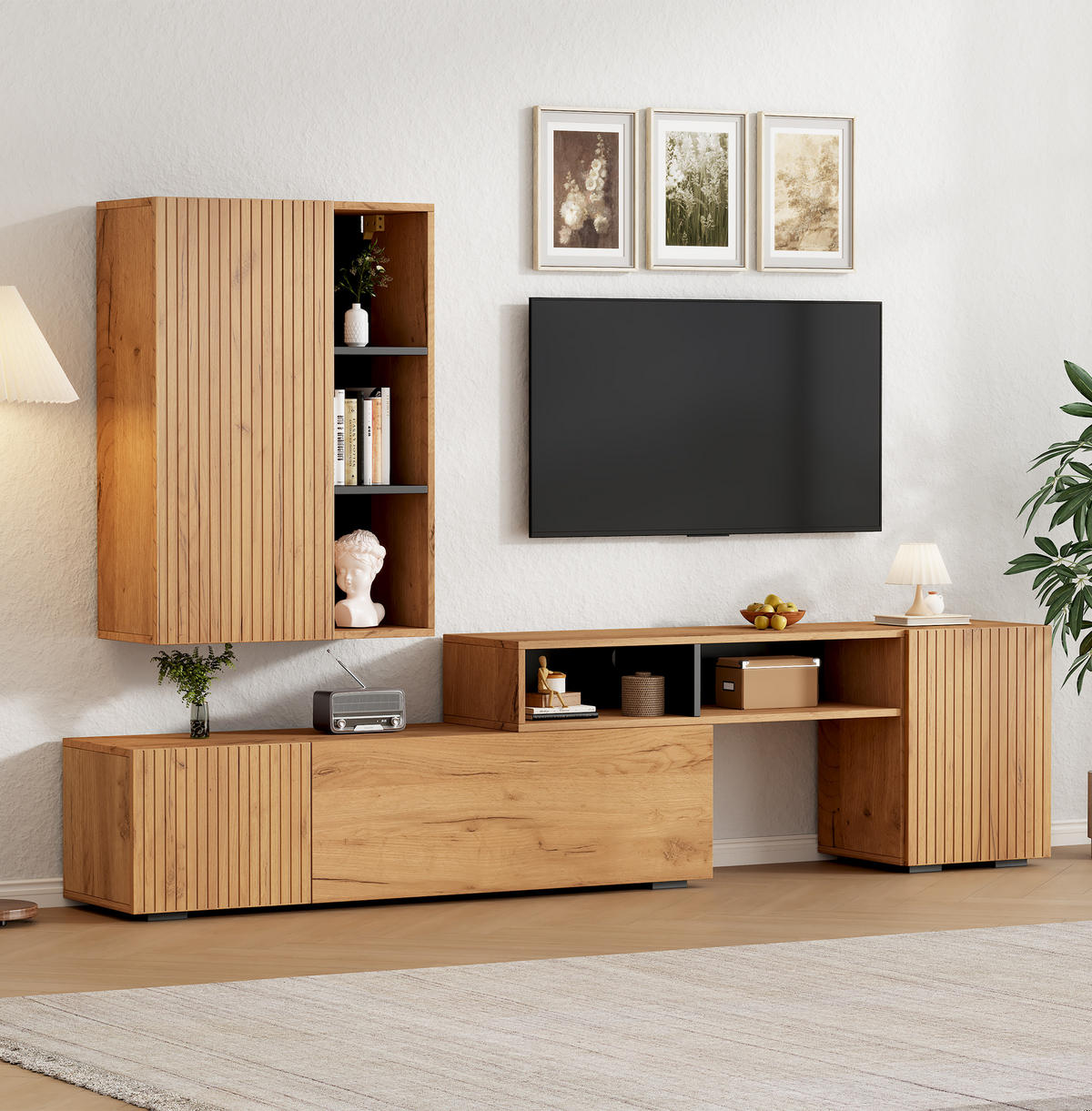 WOHNWAND Vitrine TV Board Regal Holz Schwarz 265cm - Eichefarben, Holzwerkstoff (174/53.5/35cm) - FLIEKS