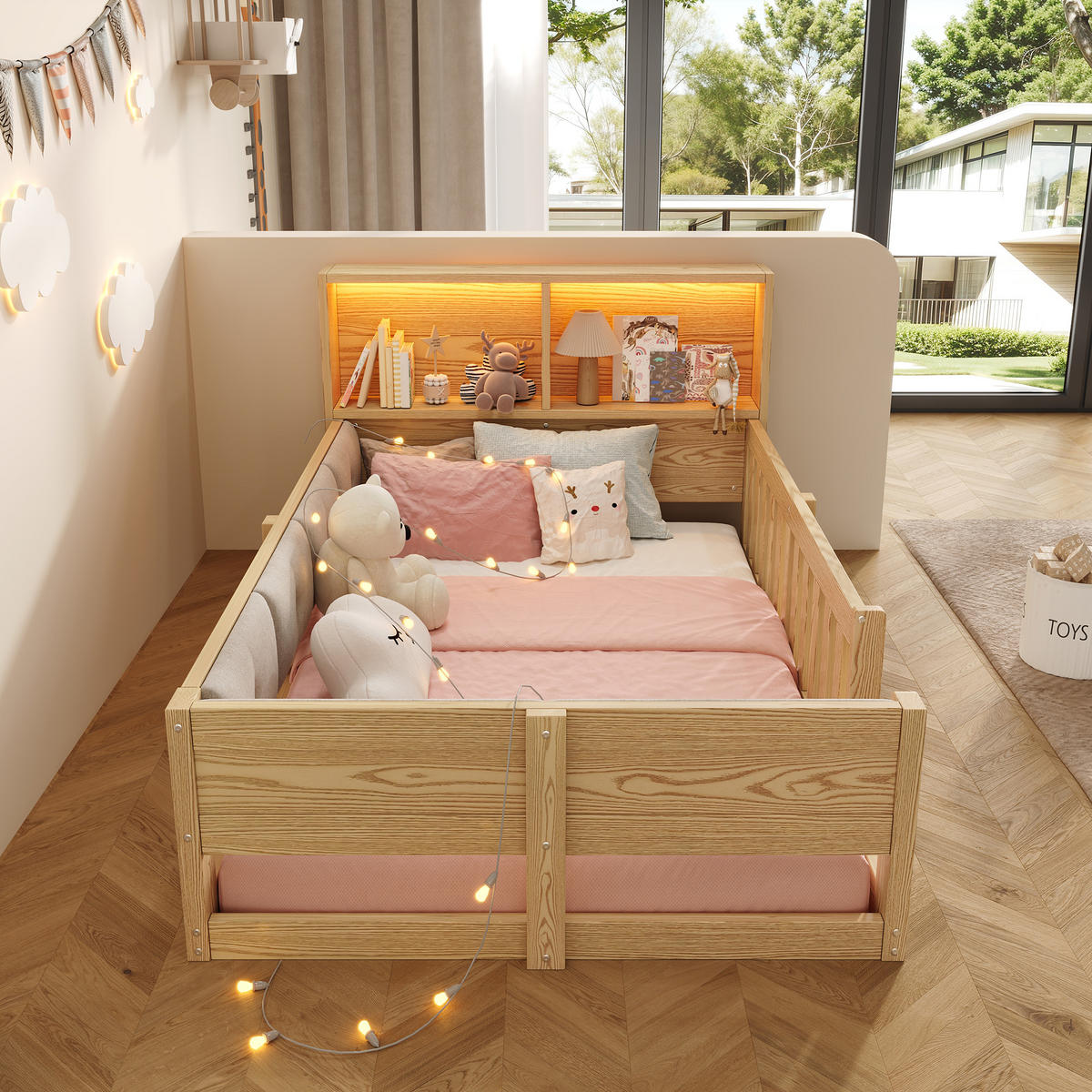 FLACHBETT 90x200cm Gitter Kinderbett LED Natur - Naturfarben, Holzwerkstoff (90/200cm) - FLIEKS