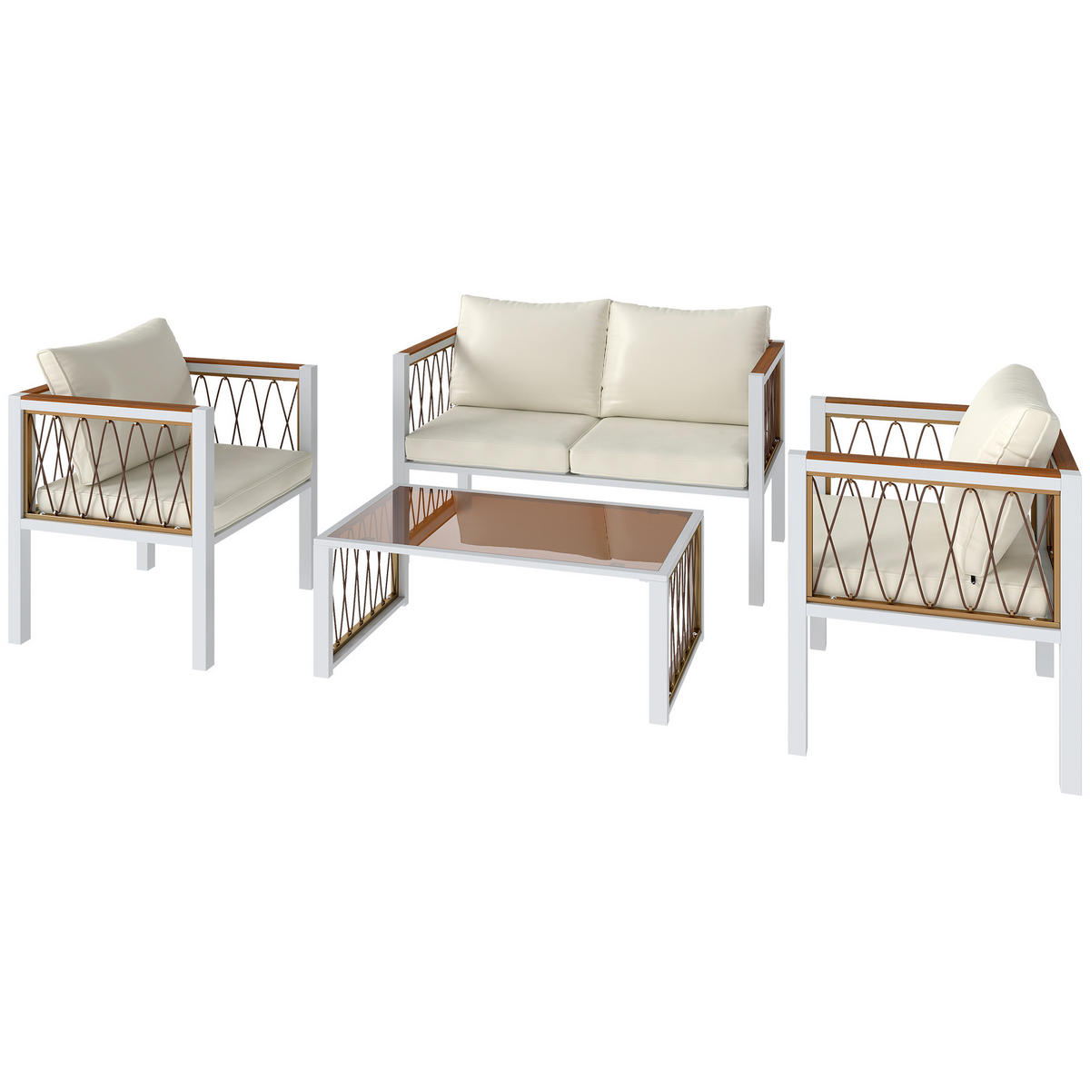 GARTENMÖBEL SET DE-06762 4-teilig mit Zweisitzer, 2 Sesseln & Glastisch Grau - Creme, Kunststoff/Metall - ComfortXL
