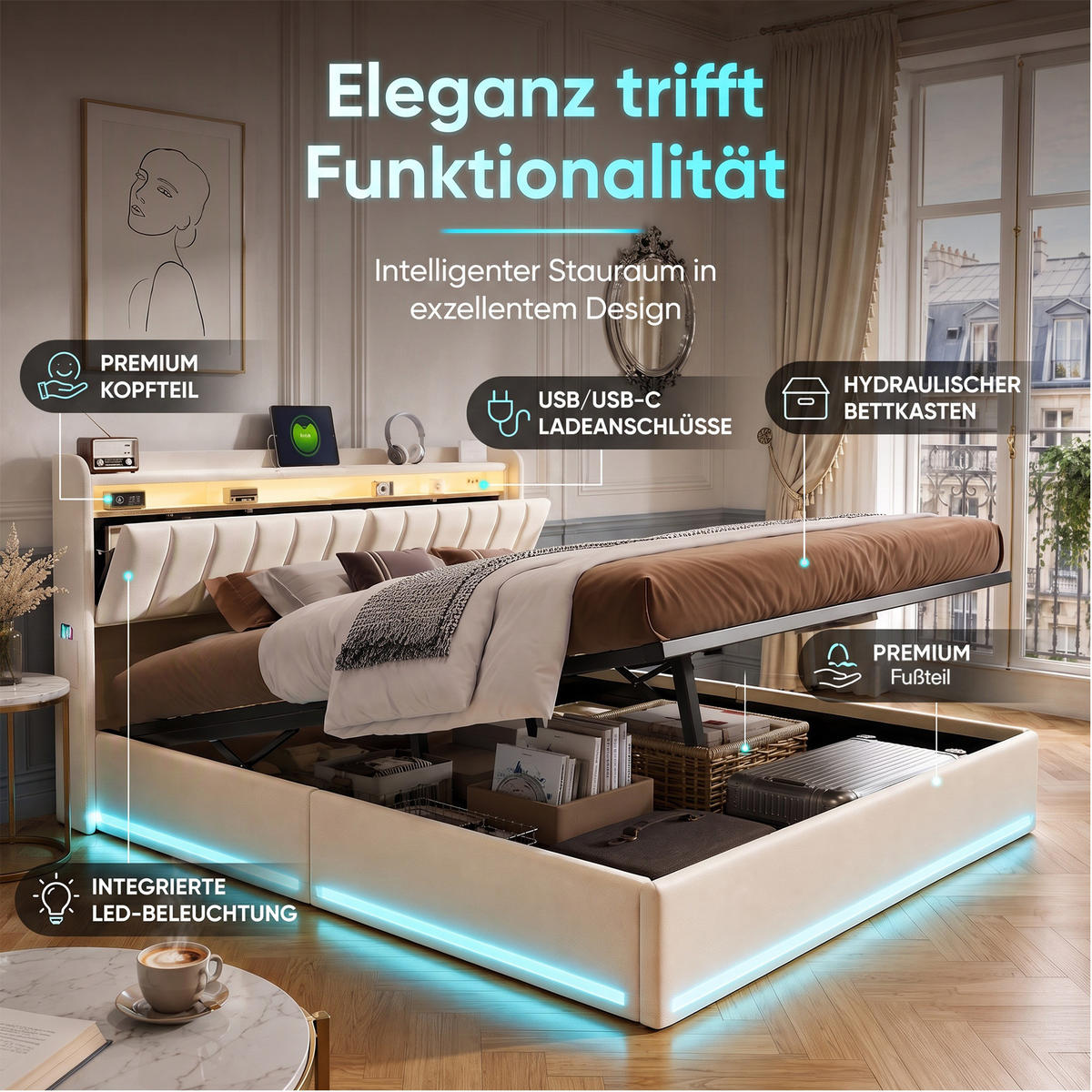 POLSTERBETT 140x200 cm, Doppelbett mit Bettkasten, USB und LED, hydraulischer Stauraum, Samt Beige - Beige, Holz/Textil (140/200cm) - GENKI LIVING