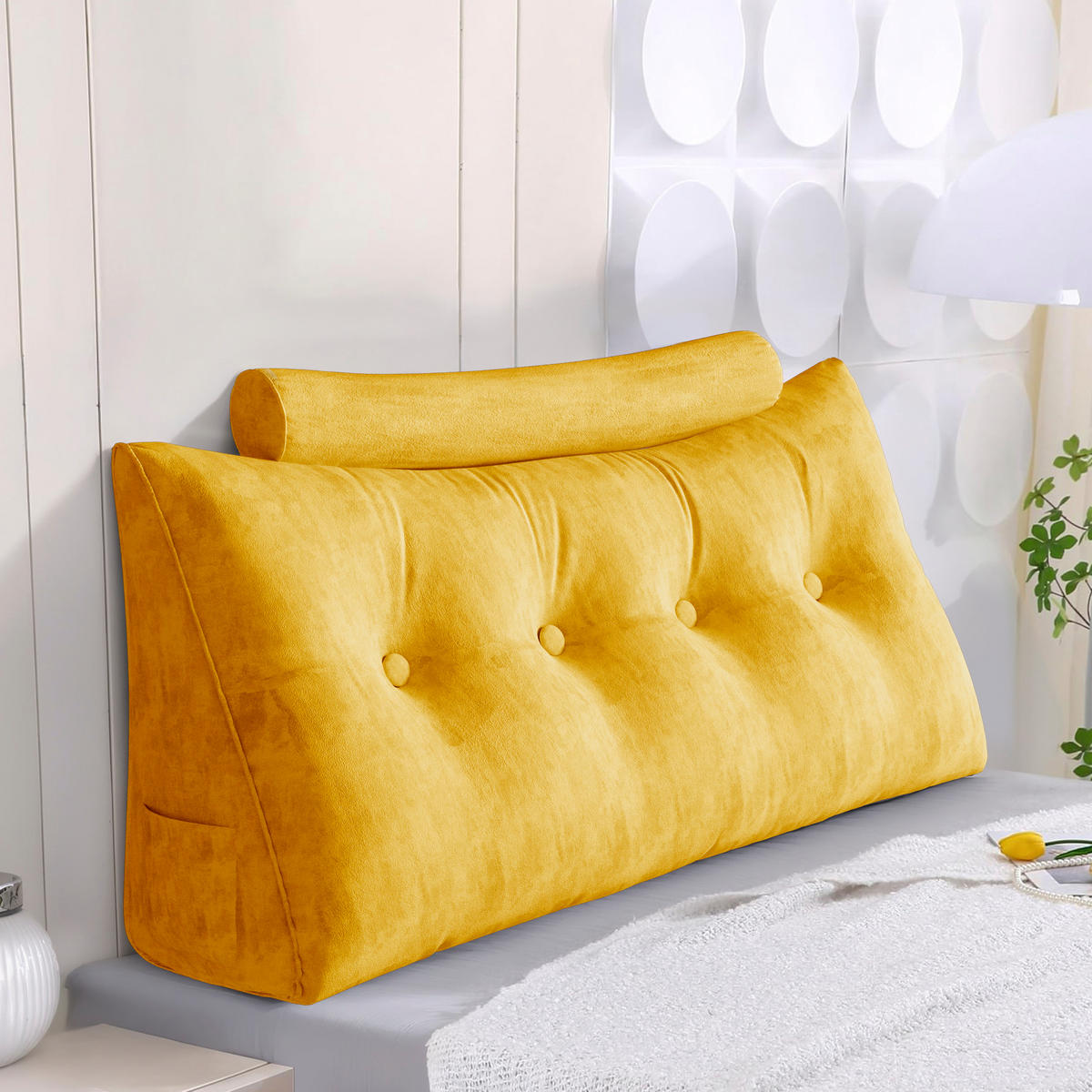 KEILKISSEN mit einem runden Kissen 2er-Set Samt Gelb 140cm - Gelb, Textil (20/140cm) - Vercart