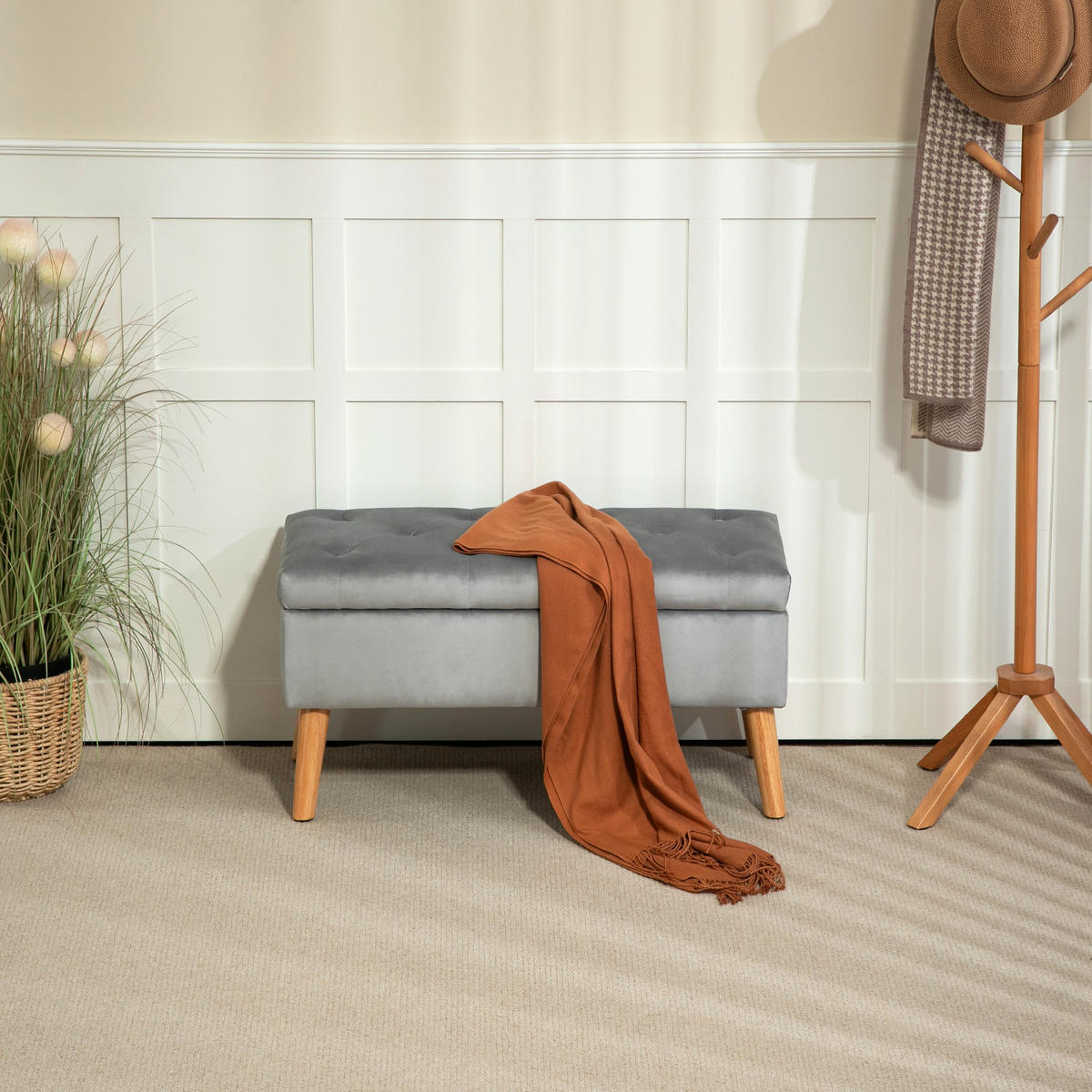 TRUHENBANK DE-16393 mit Stauraum und Samtbezug Grau - Grau, Textil (80/42/35cm) - ComfortXL