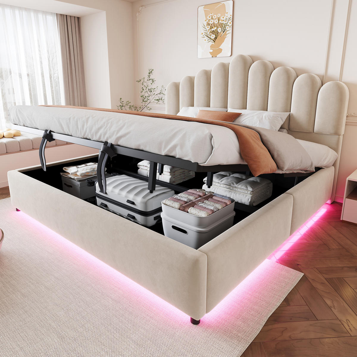 POLSTERBETT 180/200 cm in Beige mit Bettkasten, LED und Lattenrost aus Samt - Beige, Holzwerkstoff/Textil (180/200cm) - STILVORA