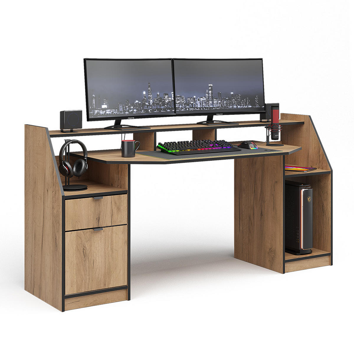 GAMING-TISCH Joel Goldkraft Eiche 179.8 x 65.5 cm mit 1 Schublade und 1 Tür - Honigeiche, Holzwerkstoff (65.5/179.8/90.6cm) - Vicco