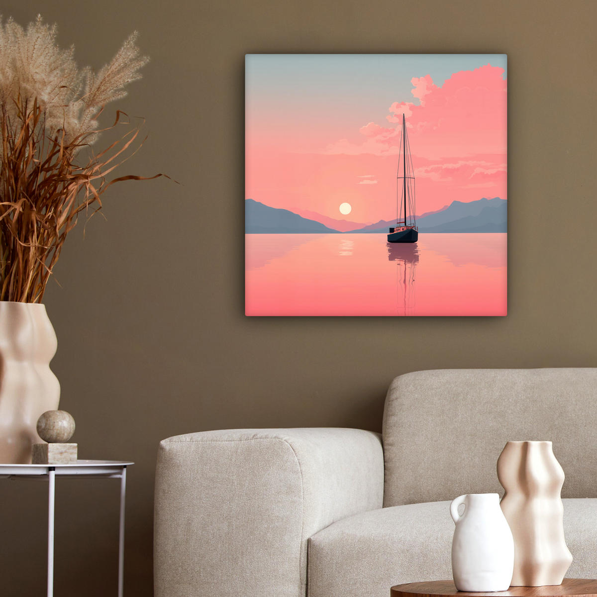 LEINWANDBILD Segelboot - Rosa Meer - Sonnenuntergang - Berge Wandbild Wohnzimmer 50x50 cm - Rosa, Textil (50/50cm) - MuchoWow