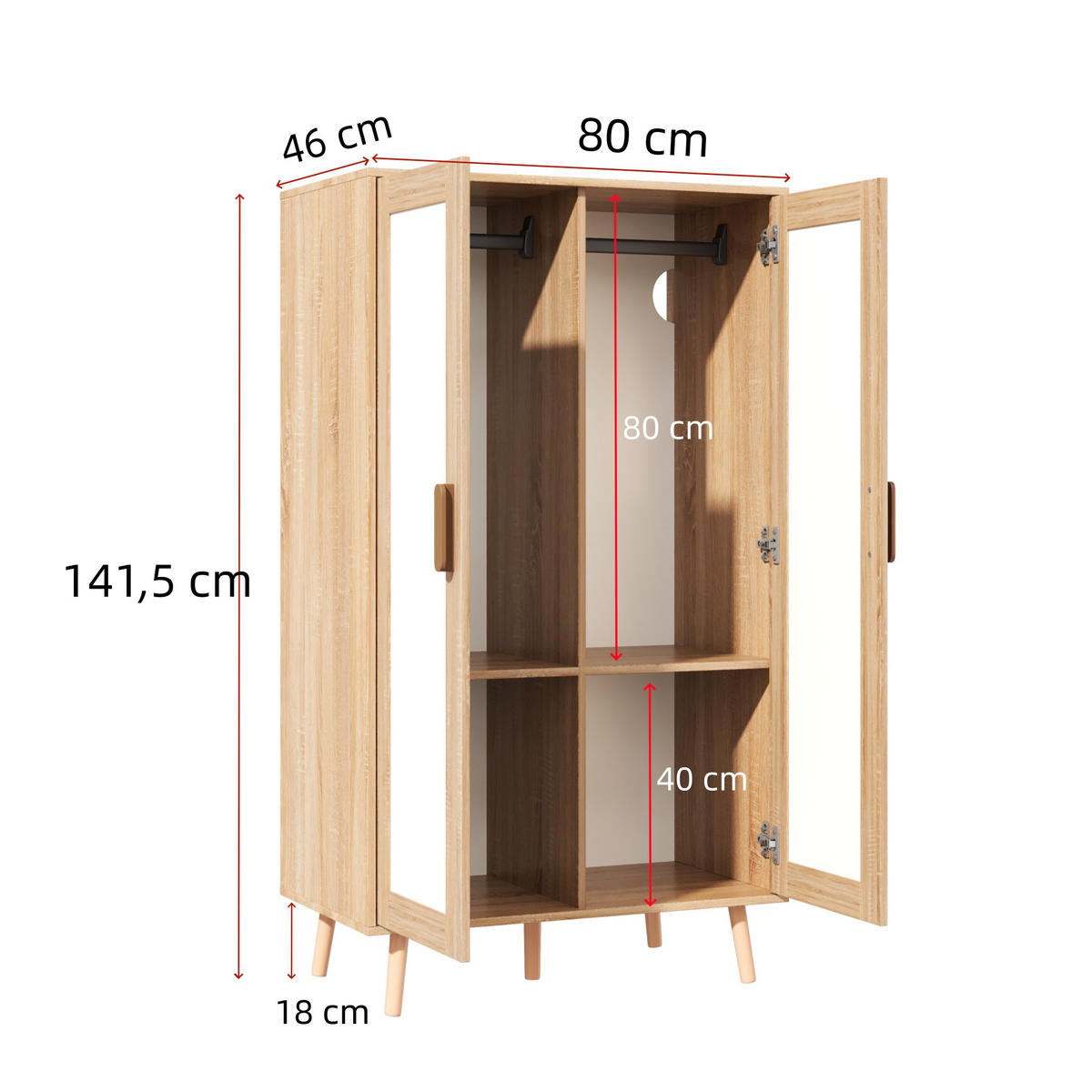 KLEIDERSCHRANK in Weiß & Naturholz-Optik Schlafzimmerschrank mit Kleiderstange, B80/T46/H141,5 cm - Naturfarben/Weiß, Holzwerkstoff (80/141.5/46cm) - STILVORA