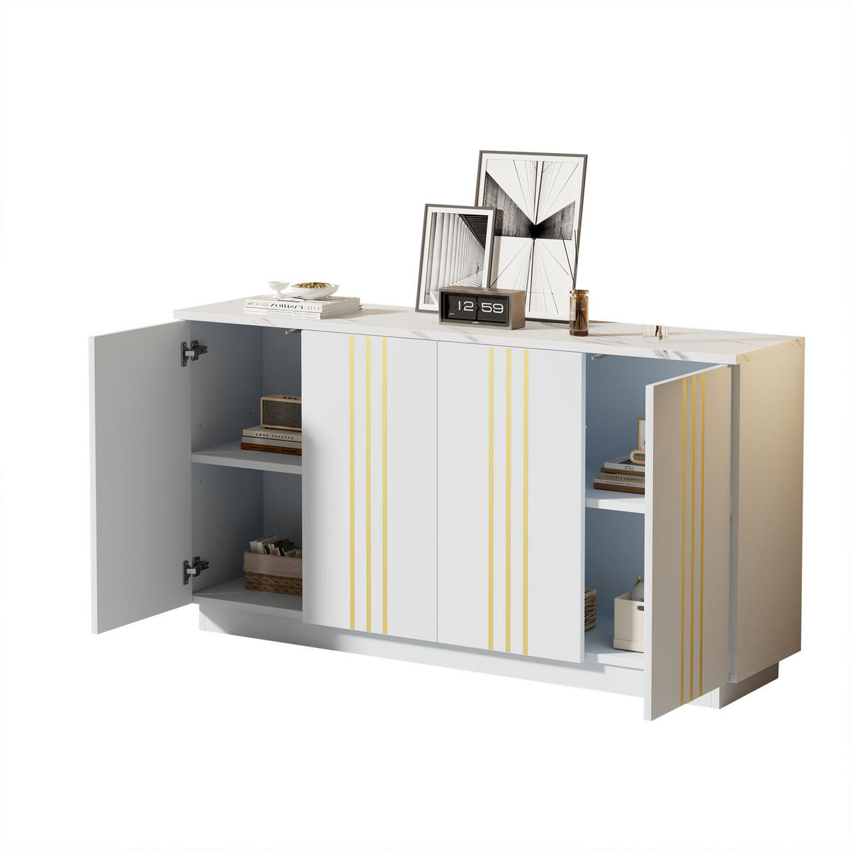 SIDEBOARD Weiß-gold mit vier Schranktüren und verstellbaren Einlegeböden 35 × 140 × 70 cm aus Spanplatte - Weiß, Holzwerkstoff (140/70/35cm) - Luhomfu