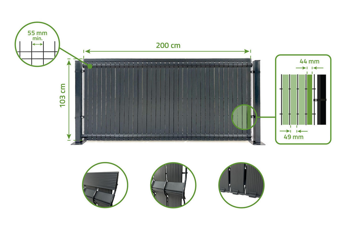 PVC-SICHTSCHUTZLAMELLEN-STEIF-SET Cinto grau 2m H.100cm - Mit clips und Endprofil - Grau, Kunststoff (200/103cm) - Casanoov