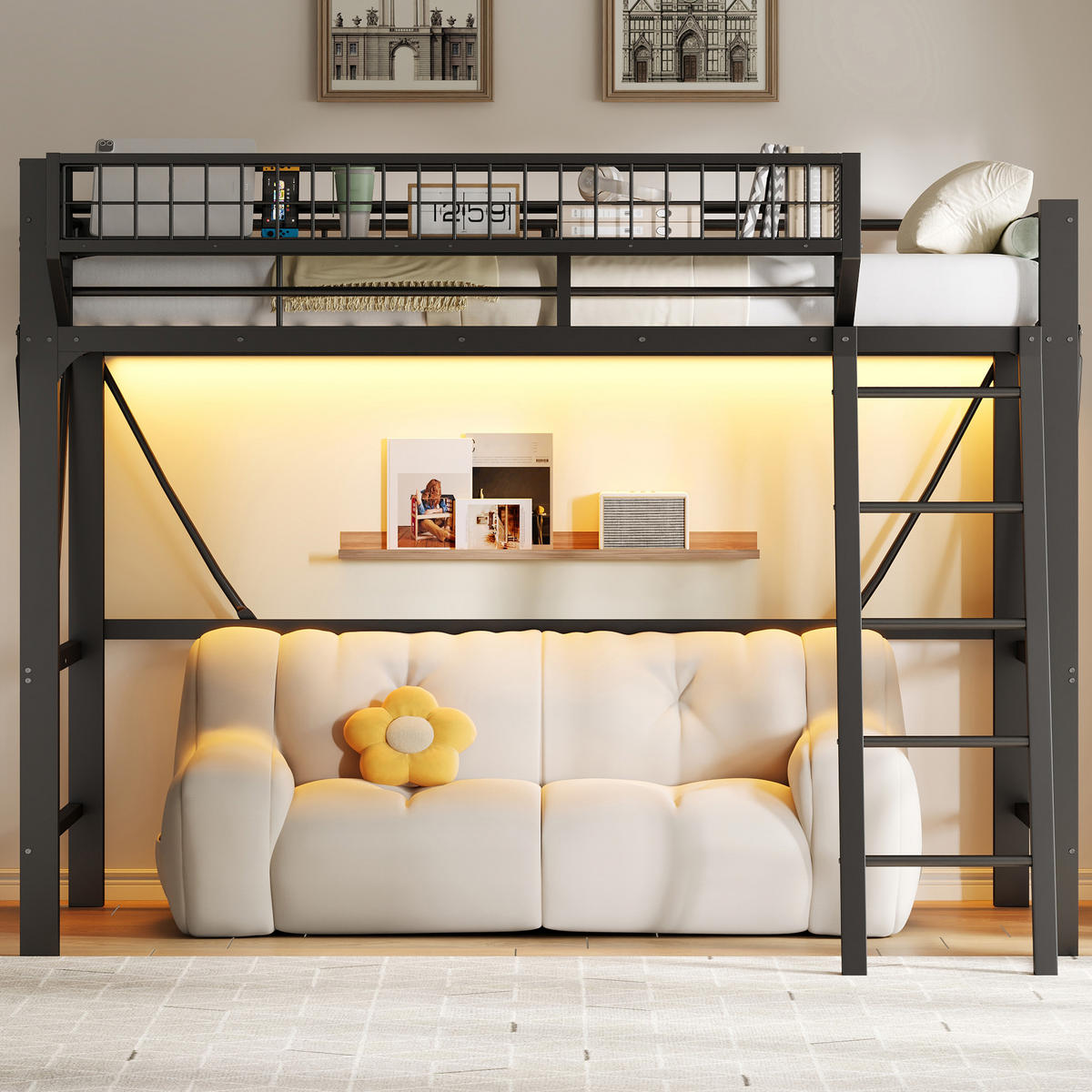 HOCHBETT 90/200 cm in Schwarz mit Stauraum, LED und Sicherheitsgitter aus Metall - Schwarz, Metall - STILVORA